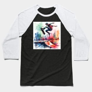 Kid riding a skateboard on a jump Baseball T-Shirt